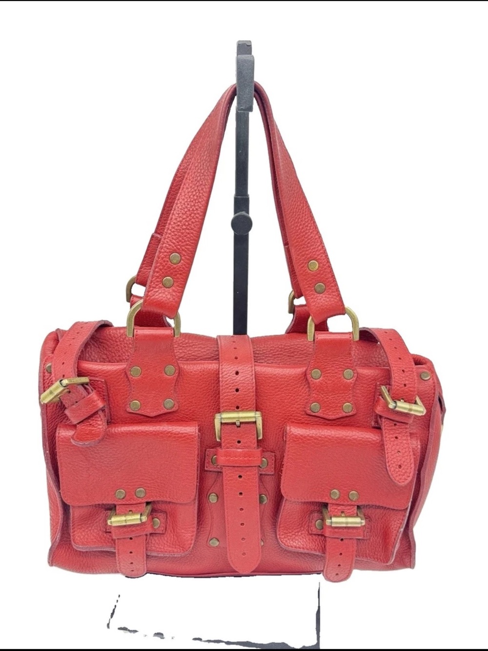 Mulberry Red Pebbled Leather Satchel with Brass Accents